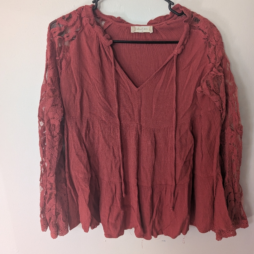 Altar'd‎ State Women's Lace Long Sleeve Burnt Orange Blouse